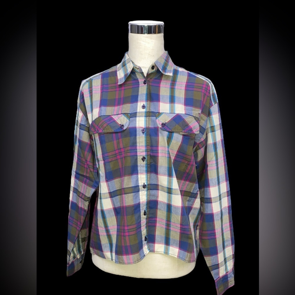 Diane Von Futrstenberg Pink Purple White Plaid Long Sleeve Button Down Blouse